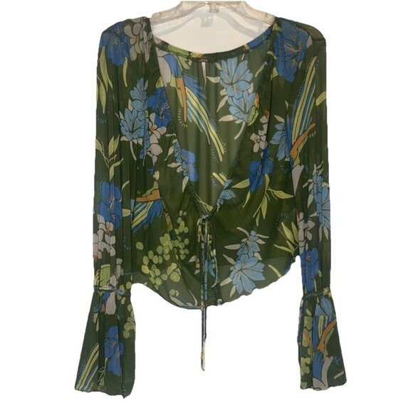 Free People Green Floral Mesh Sheer Piece of Paradise Bell Sleeves Blouse Top S - Picture 2 of 10